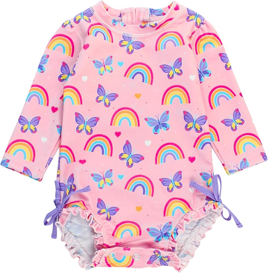 RuffleButts Baby Girls UPF 50+ Sun Protection Novelty Print Long Sleeve One Piece Rash Guard Swimsuit with Zipper