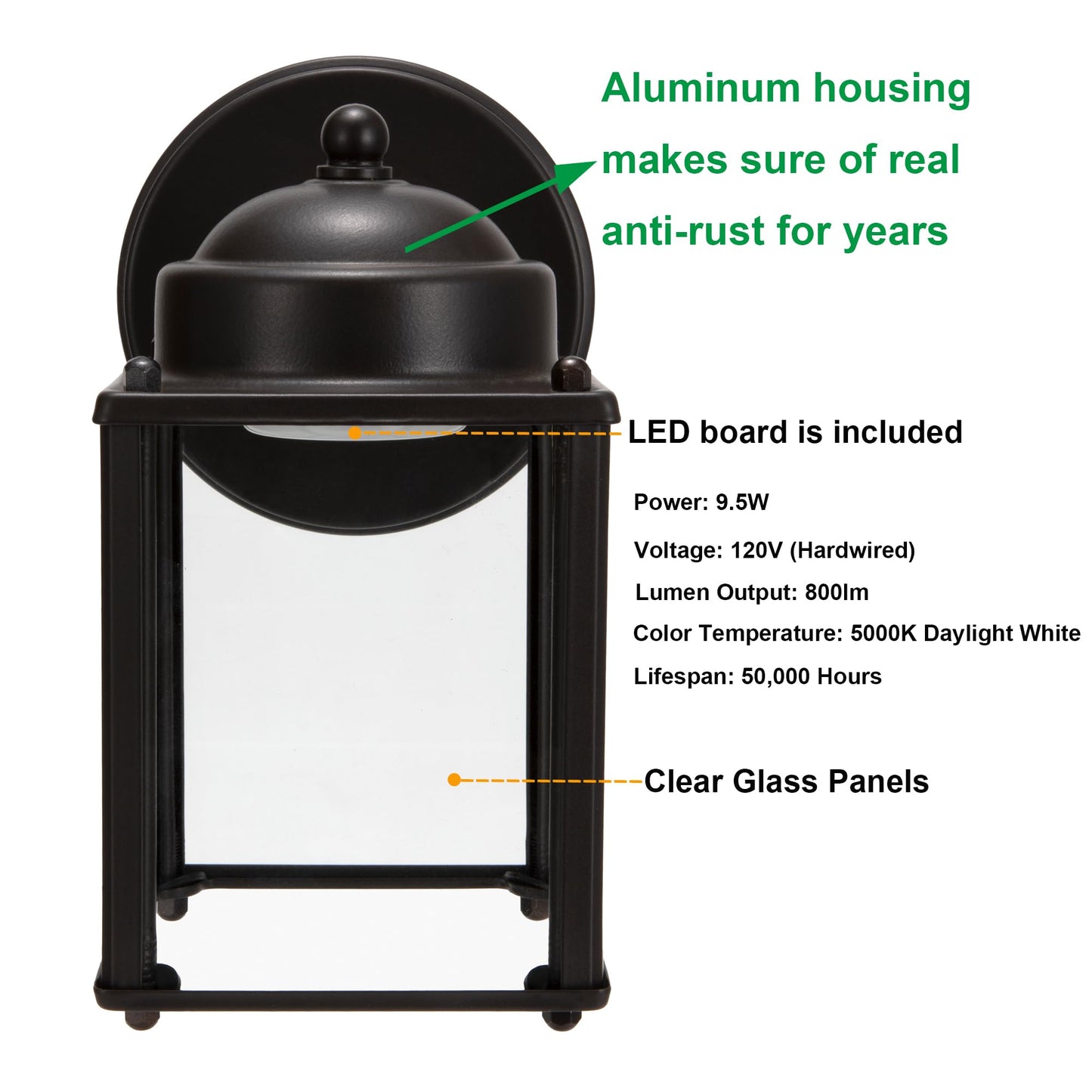 Lit-Path Outdoor Led Wall Lantern, 800 Lumen, 9.5W, Bronze Aluminum, 5000K Daylight White, Model Lt-Wl01750K-Br