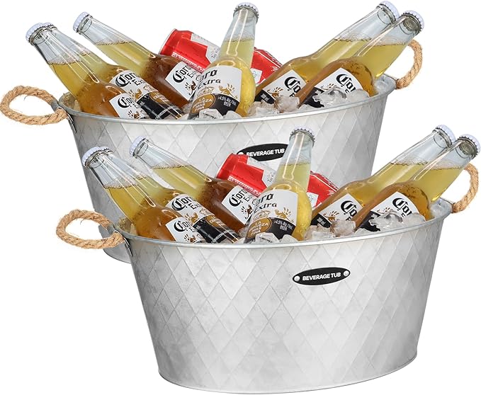iHoo Galvanized Tub, Beverage Bucket with Handles, 2 Pcs Large Ice Buckets for Parties -Galvanized Drink Buckets for Indoo...