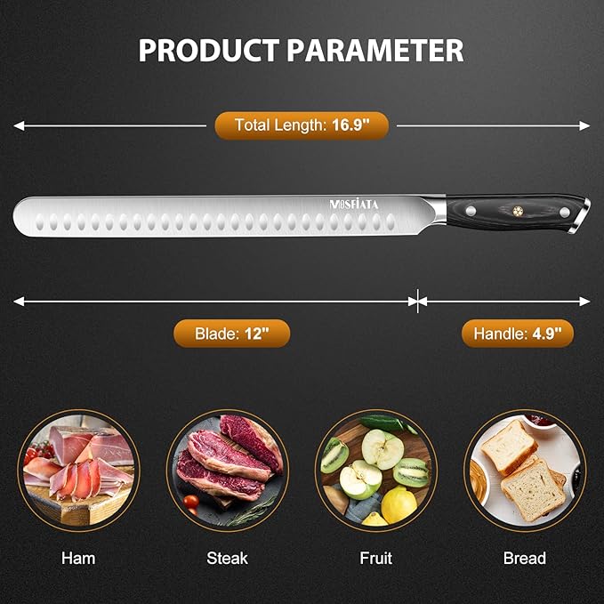 MOSFiATA Slicing Carving Knife,12" Professional Sharp Brisket Knife, High Carbon German Stainless Steel Kitchen Knives for Slicing Roasts, BBQ Meats, Fruits and Vegetables with Gift Box