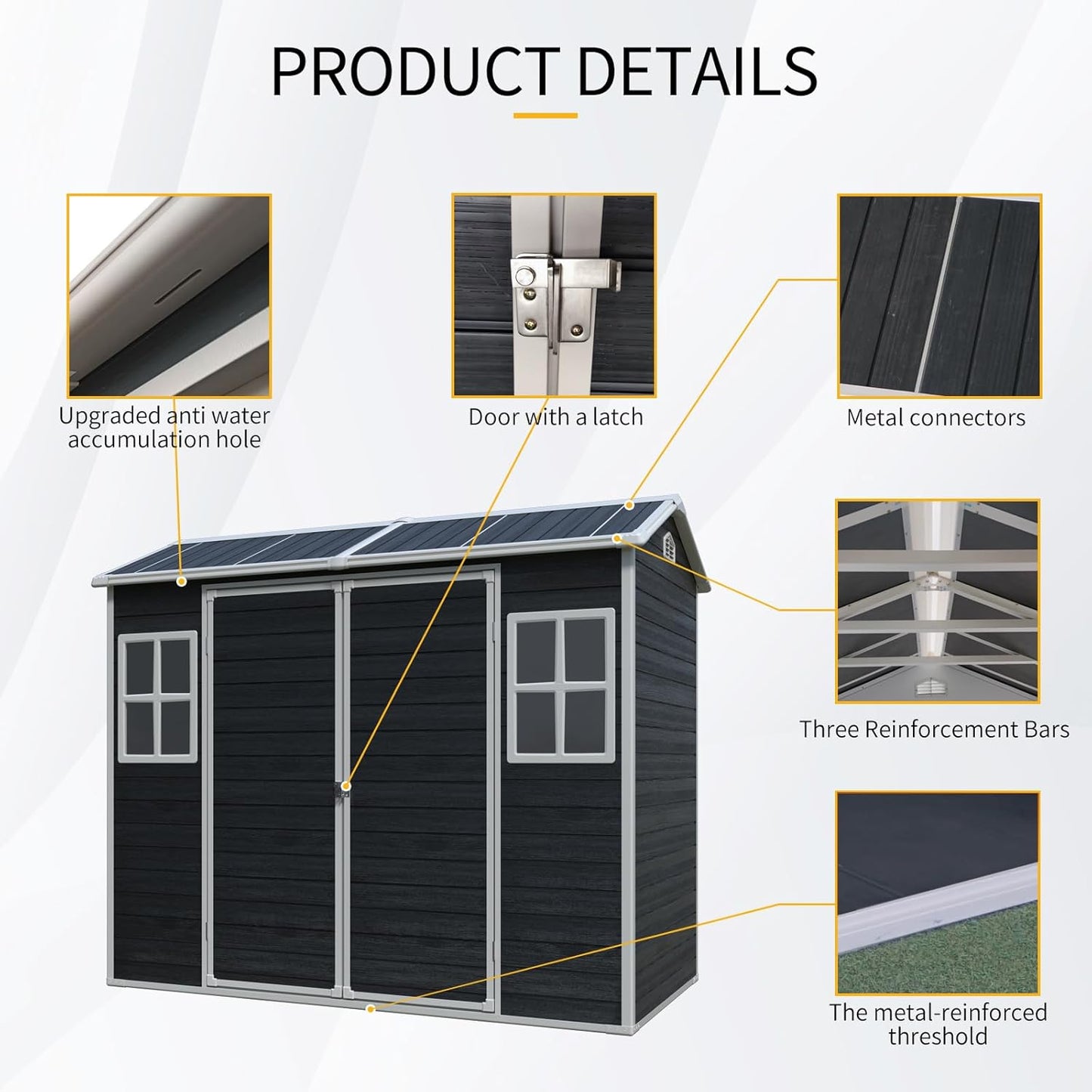 8x4 ft Outdoor Resin Storage Shed with Floor, Waterproof Plastic Garden Shed with Lockable Door and Two Windows, All-Weather Tool Sheds for Backyard, Patio, Lawn (Black)