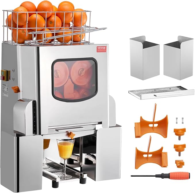 VEVOR Commercial Orange Juicer Machine, 120W Automatic Juice Extractor, Stainless Steel Orange Squeezer 20 Oranges/Minute, with Pull-Out Filter Box, Stainless Steel Cover, 2 Peel Collecting Buckets