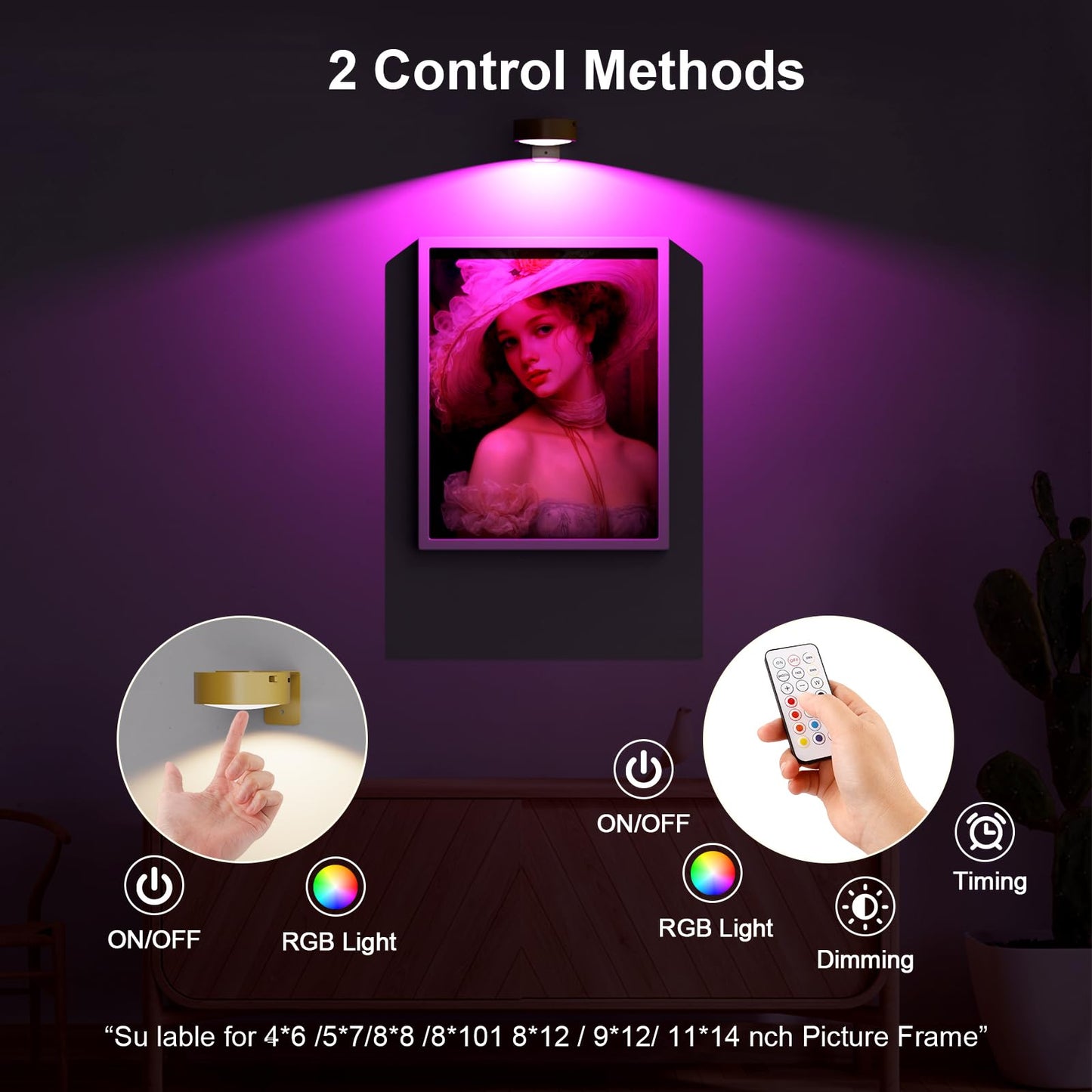 Narotood 3 Pack Picture Lights, Rechargeable RGB Battery Operated, Wireless Magnetic, Remote Control Timer, Golden