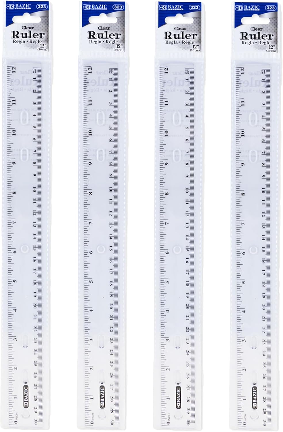 BAZIC Products Plastic Clear Rulers 12 inch (30cm), Inches Centimeter Metric Ruler Measuring Long Ruler, Straight Edge Ruler for Students School Supplies, 4-Pack