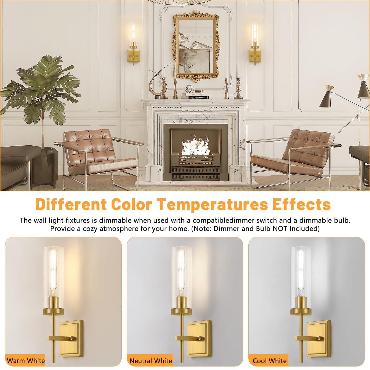 Spiglamm Wall Sconces Lighting Set of 2, Hardwired Bathroom Vanity Fixture, Clear Glass Shade, Gold Finish, Model 2P-DTCGS-Gold