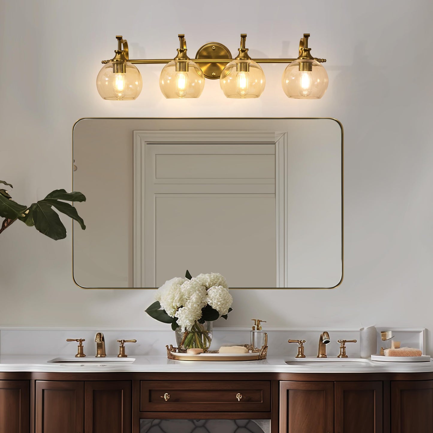 Andy Star Brass Vanity Light  Gold Bathroom Light Fixtures 4 Lights  27.8 Inch Vintage Bathroom Sconces  Brushed Brass Vanity Lighting With Globe Clear Glass Shade  E26 Base (Bulbs Not Included)