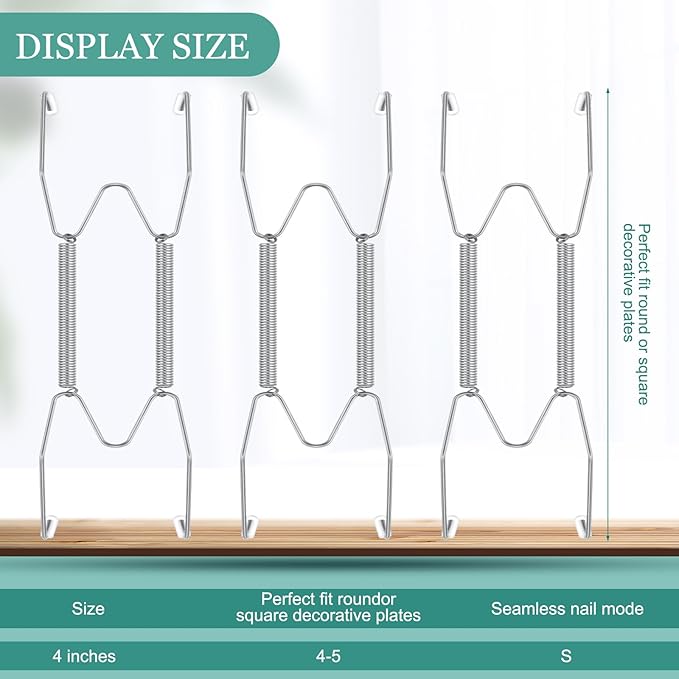 Hotop 12 Pieces Plate Hangers for Wall 4-5 Inch Stainless Steel Wire Invisible Plate Hangers Heavy Duty Display Holders with 12 Pieces Hooks for Wall Decorative(Silver)