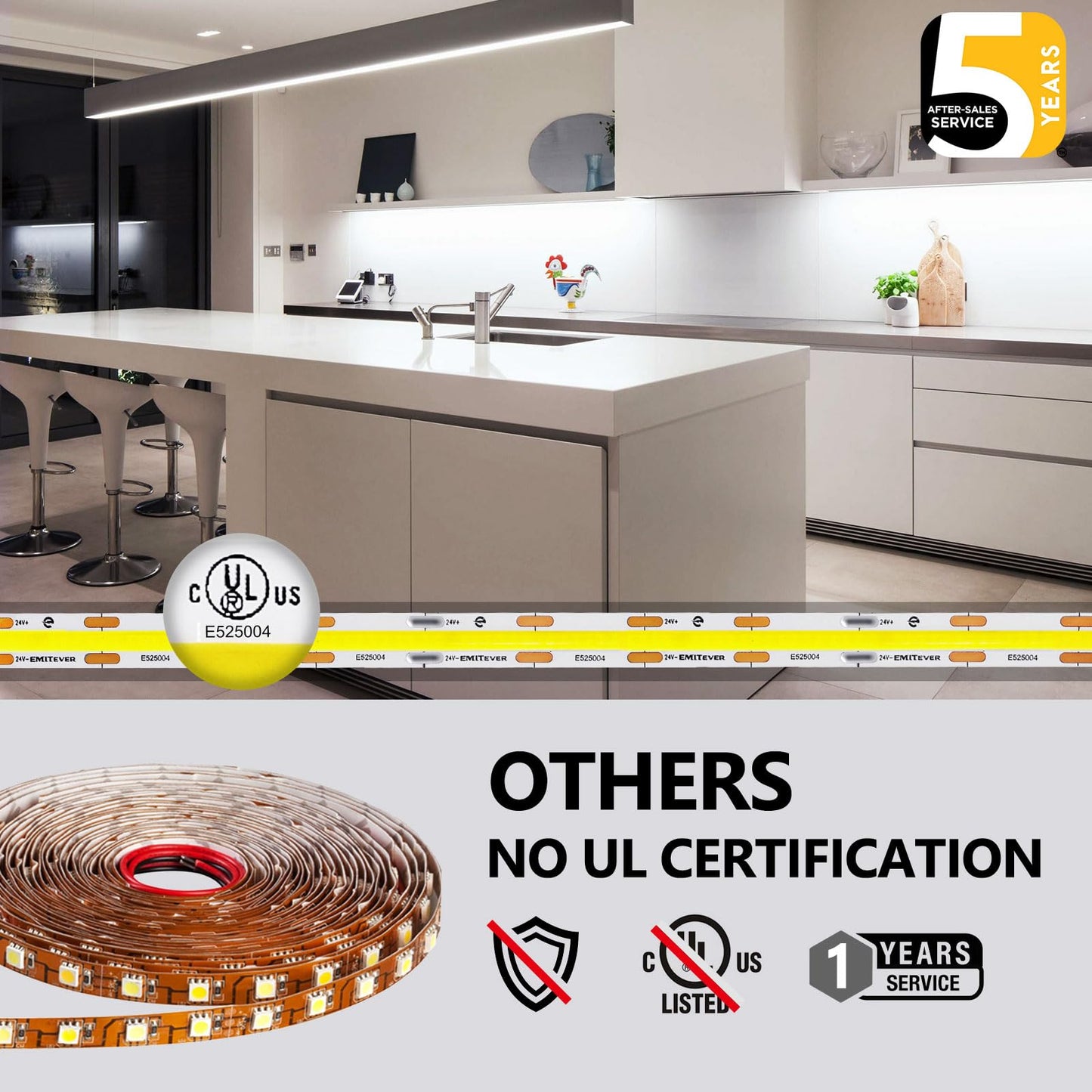 EMITEVER COB LED Strip Lights, 5000K, 32.8ft, White, 4800 LEDs, CRI 90+, DC 24V, Model E2024V
