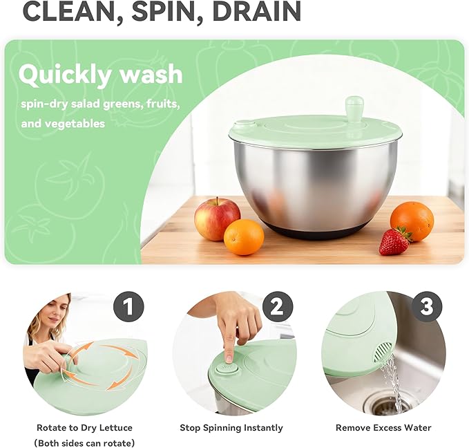 Stainless Steel Salad Spinner,Lettuce Spinner with Non-Slip Base,Vegetables Wash Bowl,Egg Yolk Strainer Slicer Shredder,A Variety of Blades Make it Easy to Chop, BPA Free,Dishwasher Safe.