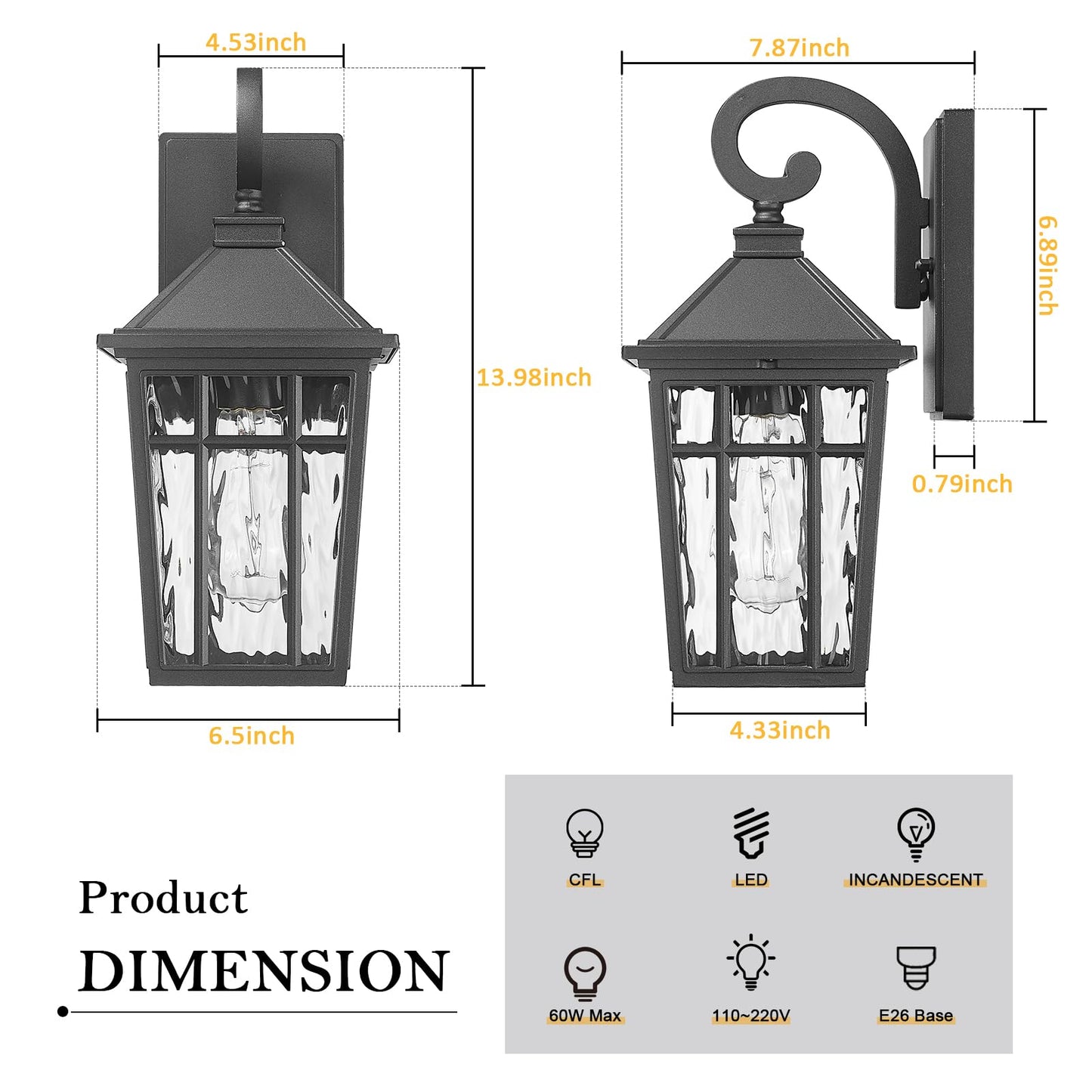 Darkaway Outdoor Wall Lights For House  Exterior Lighting Fixtures Wall Mount Outside Porch Lights Waterproof Black Outdoor Sconce Lights With Water Ripple Glass For Patio Garage Front Door