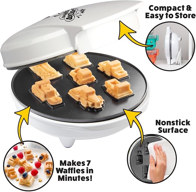 Construction Trucks Mini Waffle Maker- Make 7 Different 3D Vehicle Shaped Pancakes Feat a Bulldozer Forklift & More- Electric Nonstick Pan Cake Car Waffler Iron w Recipe Guide, Fun Kids Treat or Gift