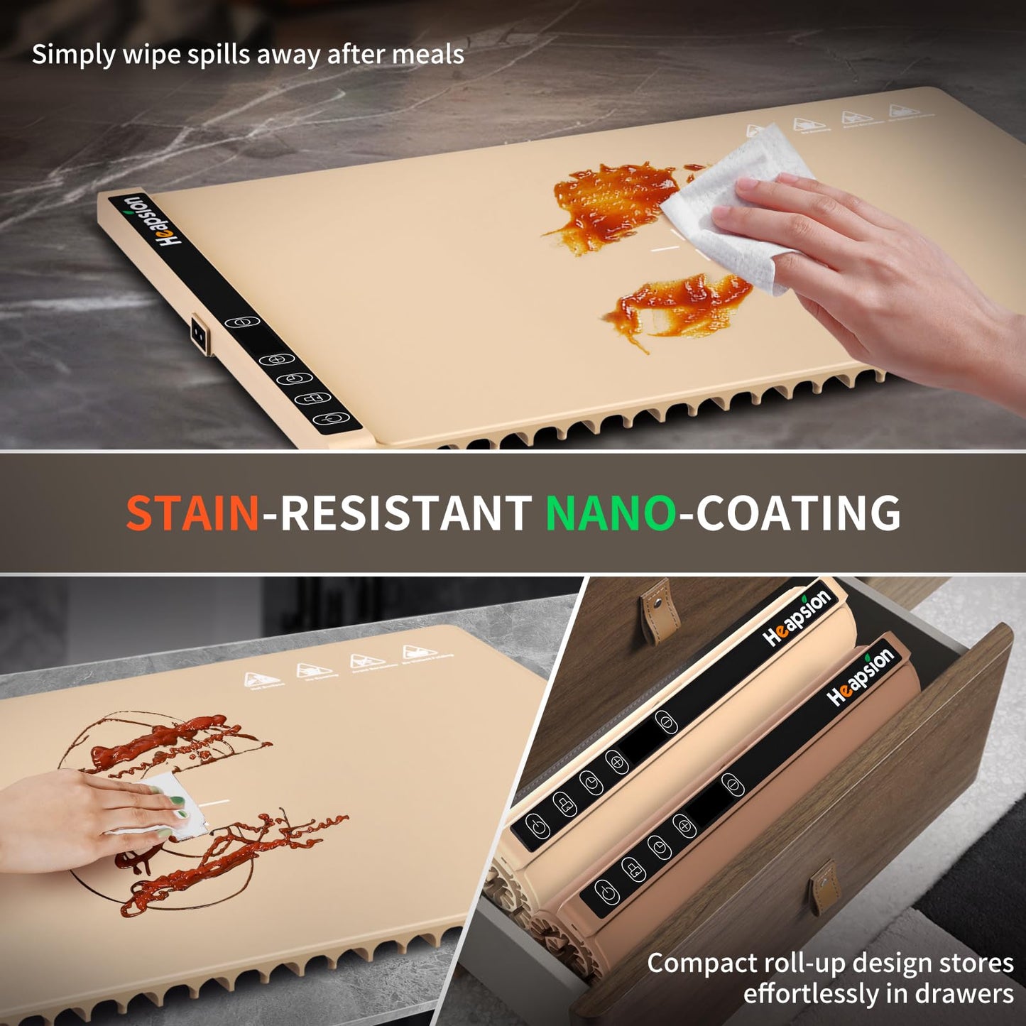Heapsion Food Warming Mat, Electric Plate with 6 Level Temp 5 Hour Timer, 24x15'' Roll-Up Portable Warming Tray for Dinner Parties, Gatherings, and Holidays (Beige)