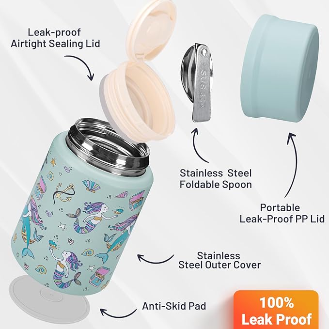 Charcy 17oz Thermo for Hot Food, Soup Thermo Food Container for Lunch Box with Folding Spoon ZB - Cyan Mermaid