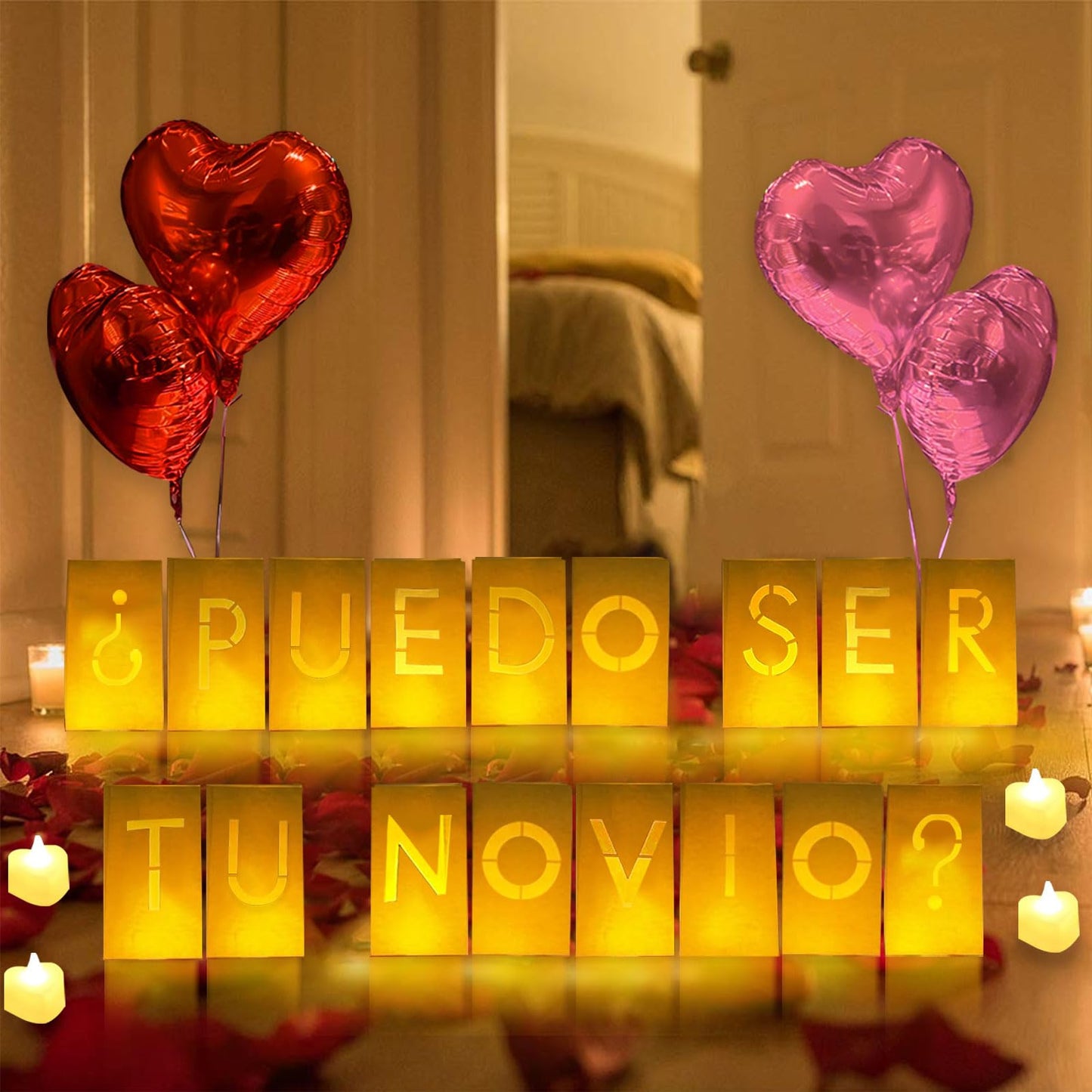Puedo Ser Tu Novio? Lighted Letters Sign 17Pcs Luminary Paper Bags 2200Pcs Red Pink Artificial Rose Petals 48Pcs Flameless Led Candle Tealight 15Pcs Heart Balloons Romantic Night ValentineS Day