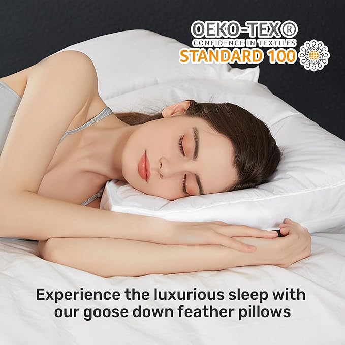 UNIKOME Goose Down Feather Pillows with 100% Cotton Cover, Gusseted Bed Hotel Collection Pillows for Sleeping, Standard Size, Set of 2