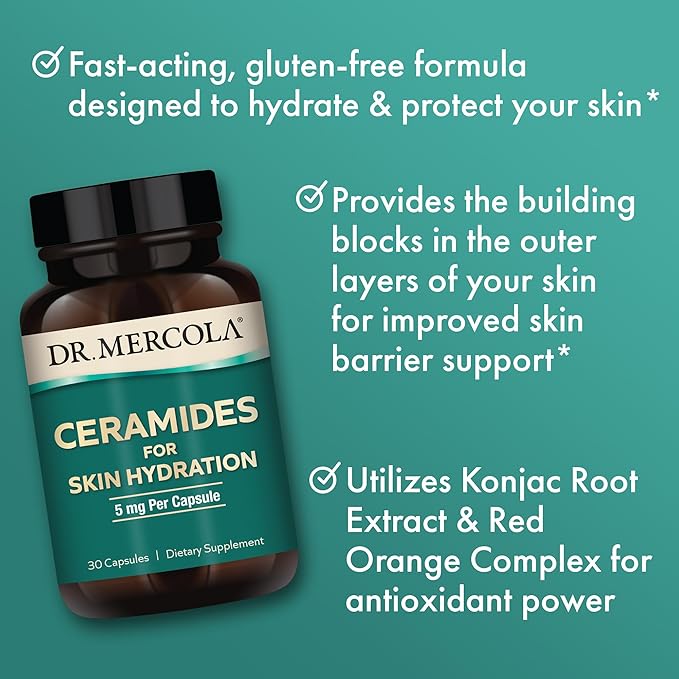 Dr. Mercola Ceramides for Skin Hydration, 30 Servings (30 Capsules), 5 mg Per Capsule, Dietary Supplement, Promotes Skin Appearance, Non-GMO