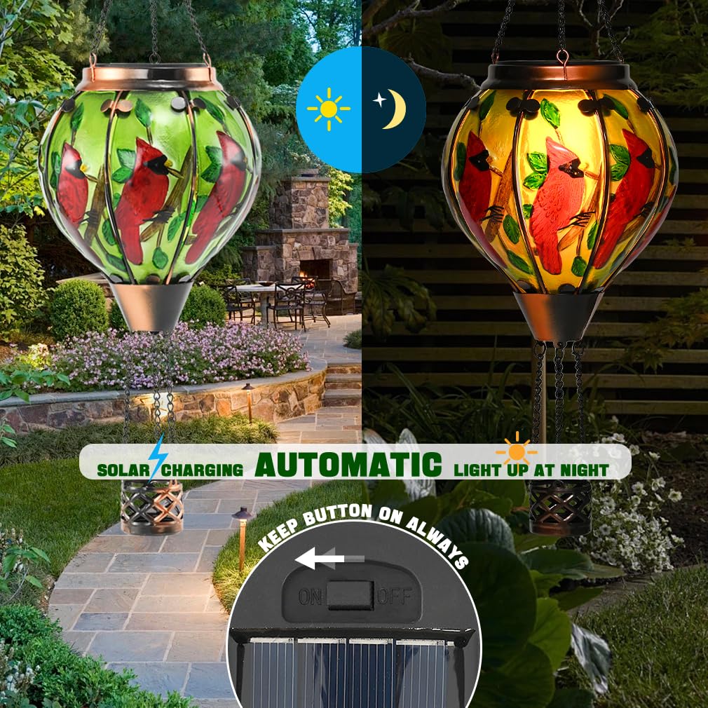 Hot Air Balloon Solar Lantern - Large Cardinal Bird Glass Lantern  Simulated Flickering & Dancing Flame  Big Outdoor Hanging Yard Light Waterproof Ip65 For Patio Lawn Porch Decor Gift