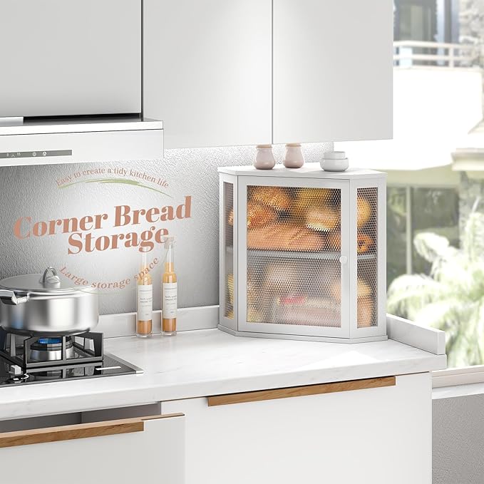 Corner Bread Box Kitchen Countertop Extra Large Capacity Farmhouse Bread Box, Corner Countertop Storage, Double Layer Bread Holder (White, Extra Large)