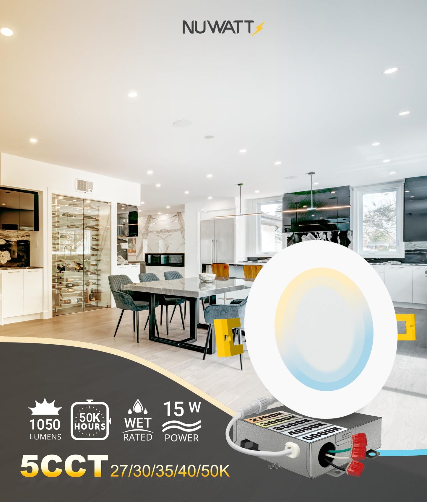 Nuwatt 6 Pack  6 Inch Ultra-Thin Led Recessed Lighting  Cct 2700K/3000K/3500K/4000K/5000K Selectable  1050Lm  15W  Dimmable  Ic Rated  Wet Rated  White Trim Canless Slim Wafer Light With Junction Box