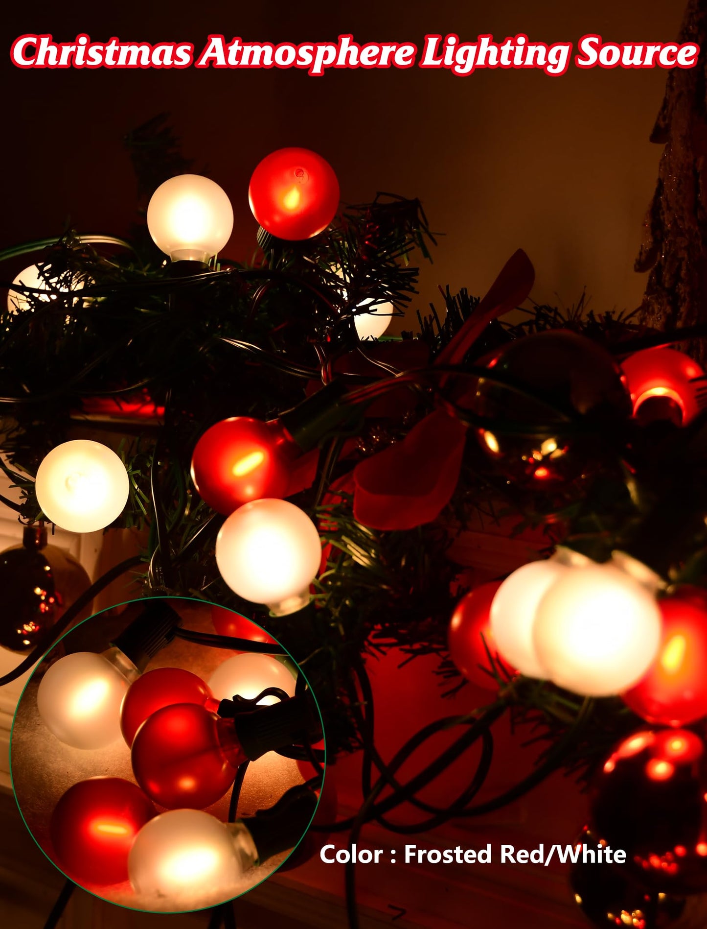 Sunsgne G40 Led Christmas Globe Lights - 50Ft Xmas Lights With 25 Led Frosted Red And White Christmas Bulbs For Indoor Outdoor Holiday Party Roofline Backyard Garden Patio Tree Decoration