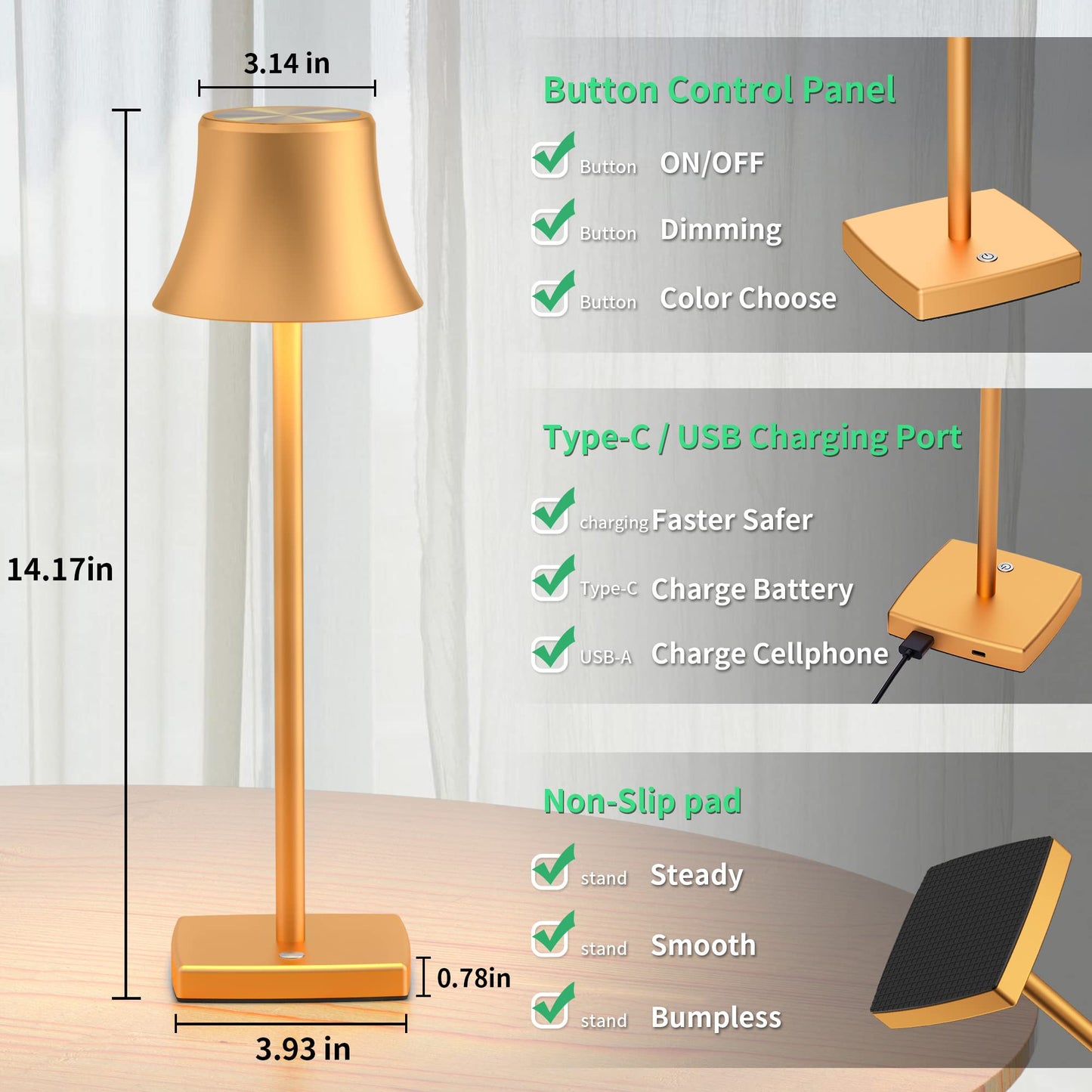 SAKRINGT 2 Pack LED Cordless Table Lamps, Rechargeable, 5000mAh, 3 Color Stepless Dimming, Aluminum, Gold, Model S807