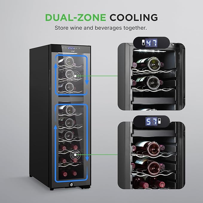 Nutrichef 24 Bottle Wine Fridge - Dual Zone Wine Chiller, Adjustable Temperature 41°F to 64°F, Ultra Quiet Operation, Free Standing Wine Cooler For Home, & Office, 39 x 11 x 26 IN (Black)