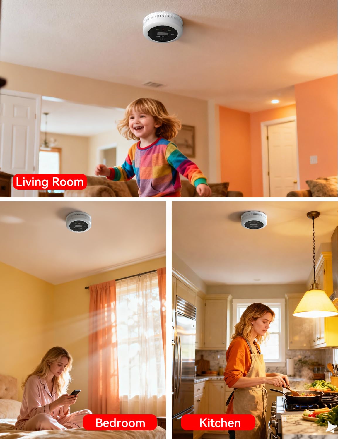UxmCruxial Smoke Detector Carbon Monoxide Detector Combo, 2 in 1 Smoke and Carbon Monoxide Alarm with Display 85dB Alarm Replaceable Battery Fire Alarm CO Detector for Kitchen,3 Pcak