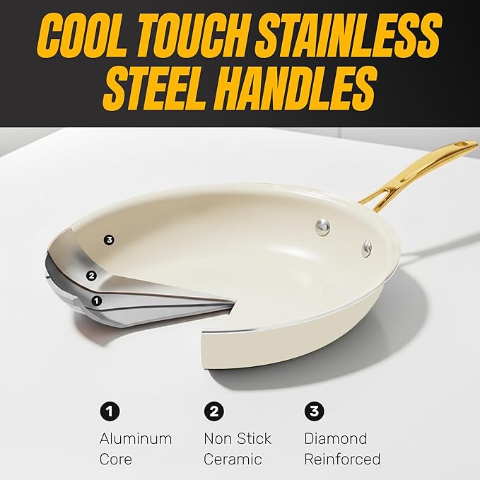 Gotham Steel 15 Pc Ceramic Cookware Set, Ceramic Pots and Pans Set Non Stick with Cooking Utensils and Steamer, Non Toxic PFOA PFOS Free, Premium Gold Stay Cool Handles, Oven & Dishwasher Safe