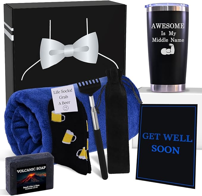 GOLDMUS Get Well Soon Gift Basket Men – Get Well Gifts for Men After Surgery, Recovery Care Package for Him, Thoughtful Fe...