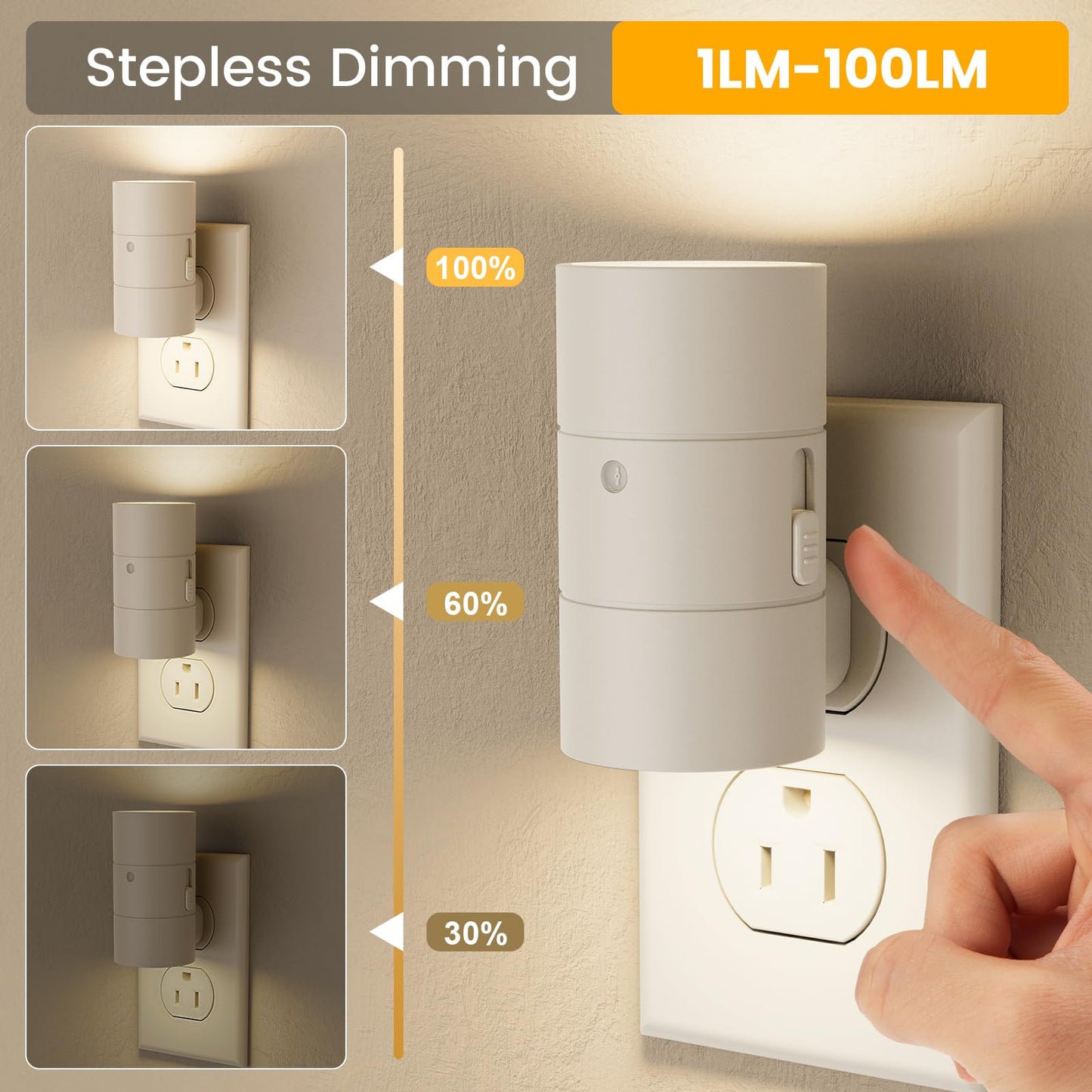 VOLISUN Dimmable LED Night Light, Adjustable Brightness, 2 Pack, Amber/3000K/4500K, White, Model XYD001-amber