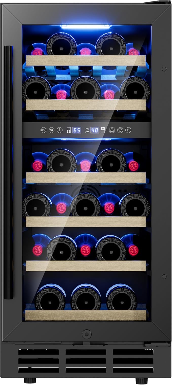 15 Inch Dual Zone Wine Refrigerator, 28 Bottle Under Counter Wine Fridge for Built-In or Freestanding, Wine Cooler with Removable Shelves, Double-Layer Glass Door, for Home, Office (Black)