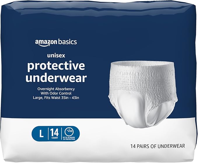 Amazon Basics Unisex Protective Underwear, Overnight Absorbency, Large, 14 Count, (1 Pack of 14)