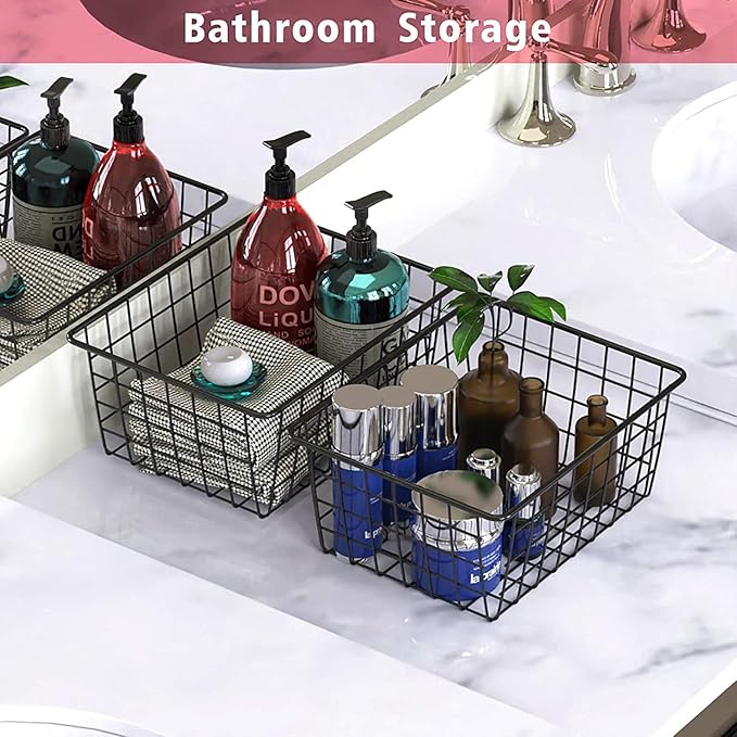 Metal Wire Basket Food Storage Organizer with Wooden Handles for Organizing Kitchen Cabinets, 4 Packs-Black-large