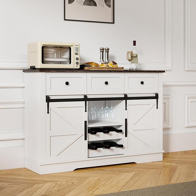 Kmax Farmhouse Wine Bar Cabinet w, 54” Buffet Cabinet with Storage, Rustic White Coffee Bar Cabinet with Sliding Barn Doors, Wine/Glass Rack & 3 Drawers for Living, Dining Room, Black Top