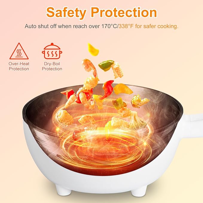 Electric Hot Pot Portable Travel Cooker Non-Stick Frying Pan with Steamer Long Handle Dual Power Control for Travel Dorm Home RV