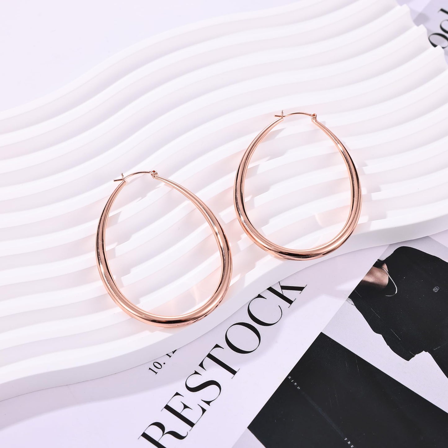 Gacimy Rose Gold Chunky Hoop Earrings for Women, 14K Rose Gold Plated Oval Hoop Big Earrings with 925 Sterling Silver Post, 60mm