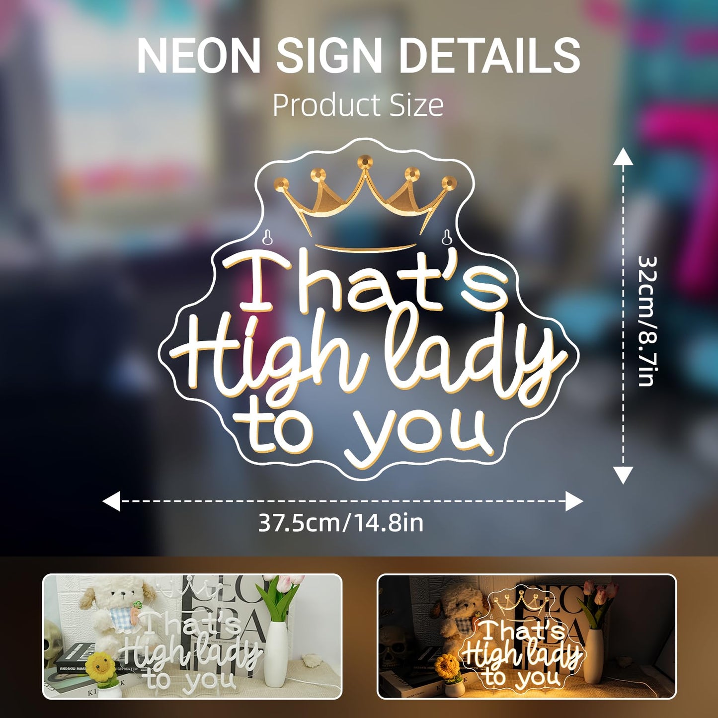 Women Neon Sign Thats High Lady To You Neon Signs For Wall Decor Girl Led Lights Warm White Crown Light Up For Living Room Bedroom Party Girly Room Beauty Salon Makeup Decoration Girls Gifts