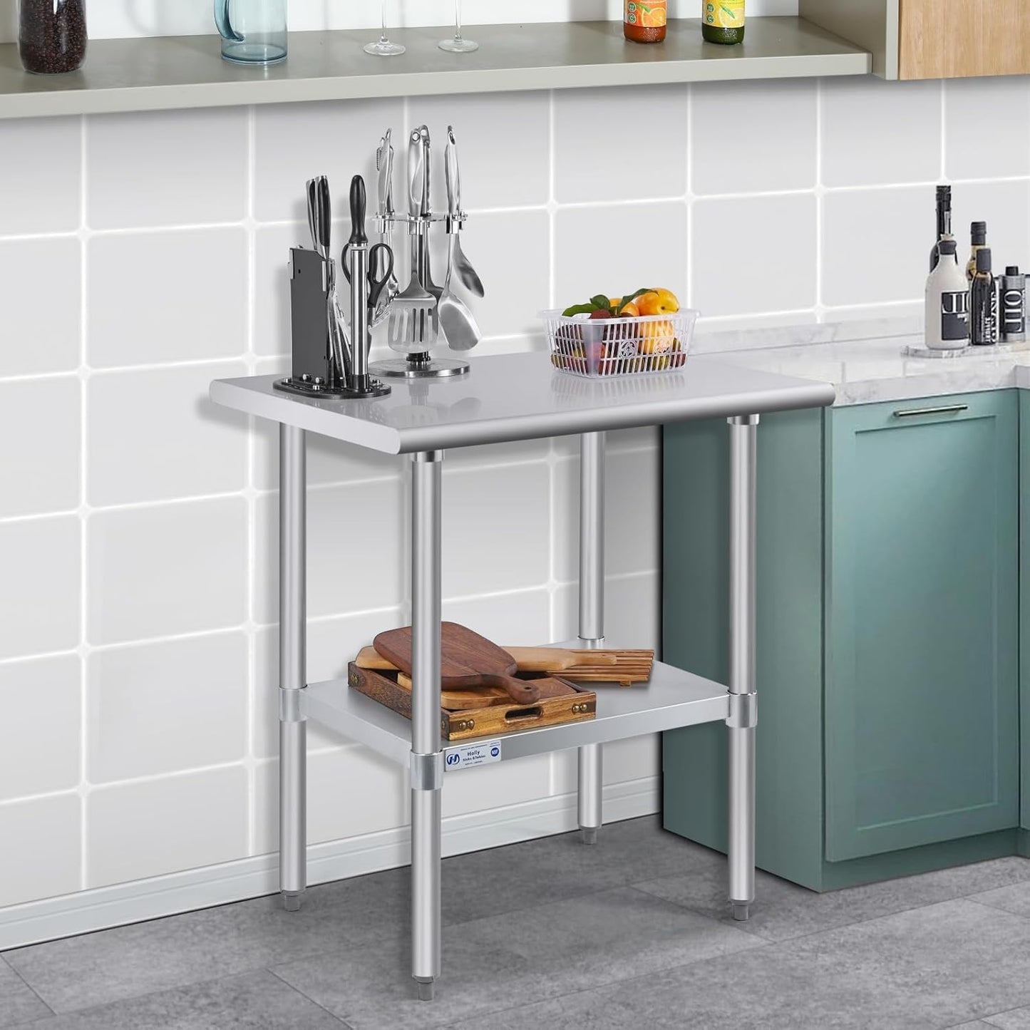 Hally Stainless Steel Table for Prep & Work 18 x 24 Inches, NSF Commercial Heavy Duty Table with Undershelf and Galvanized Legs for Restaurant, Home and Hotel