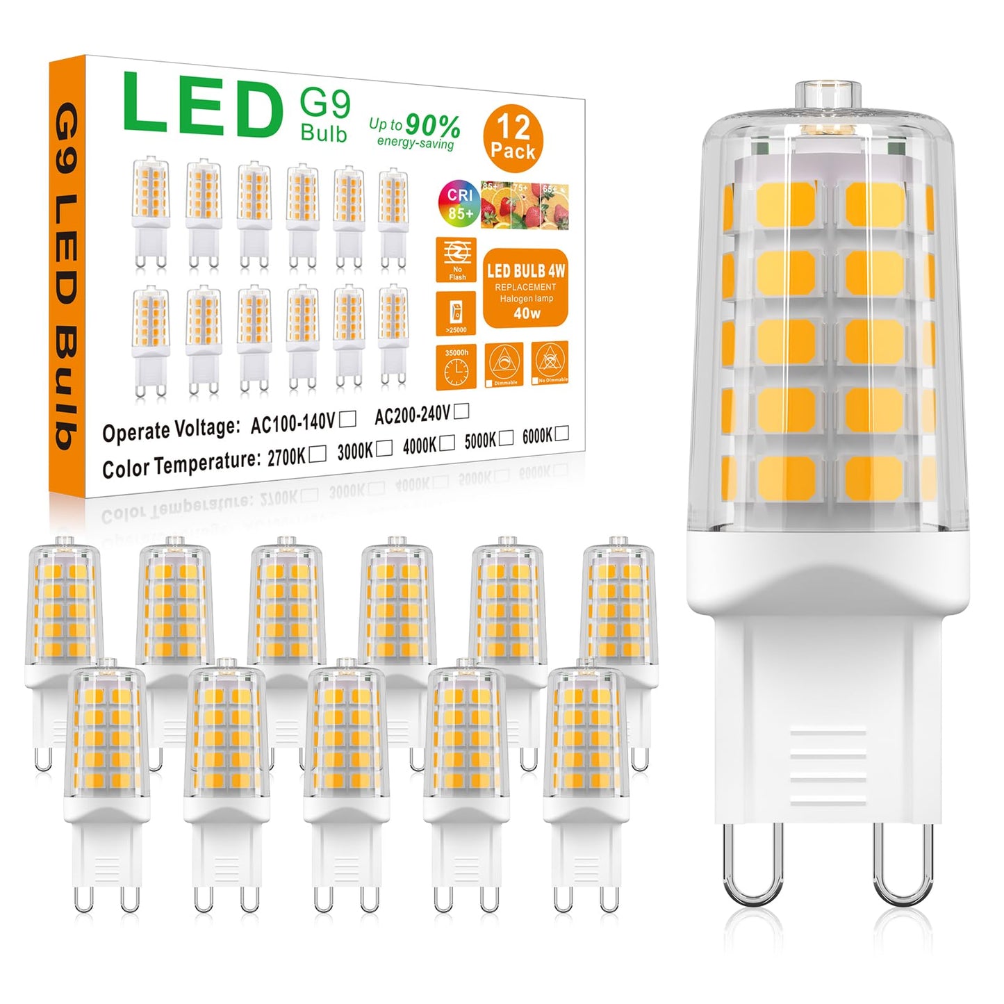 Baoming G9 Led Bulb 4W  40 Watt T4 G9 Base Halogen Equivalent  3000K Soft Warm White  120V No-Flicker  Chandelier Lighting Non-Dimmable 450Lm (12 Pack)