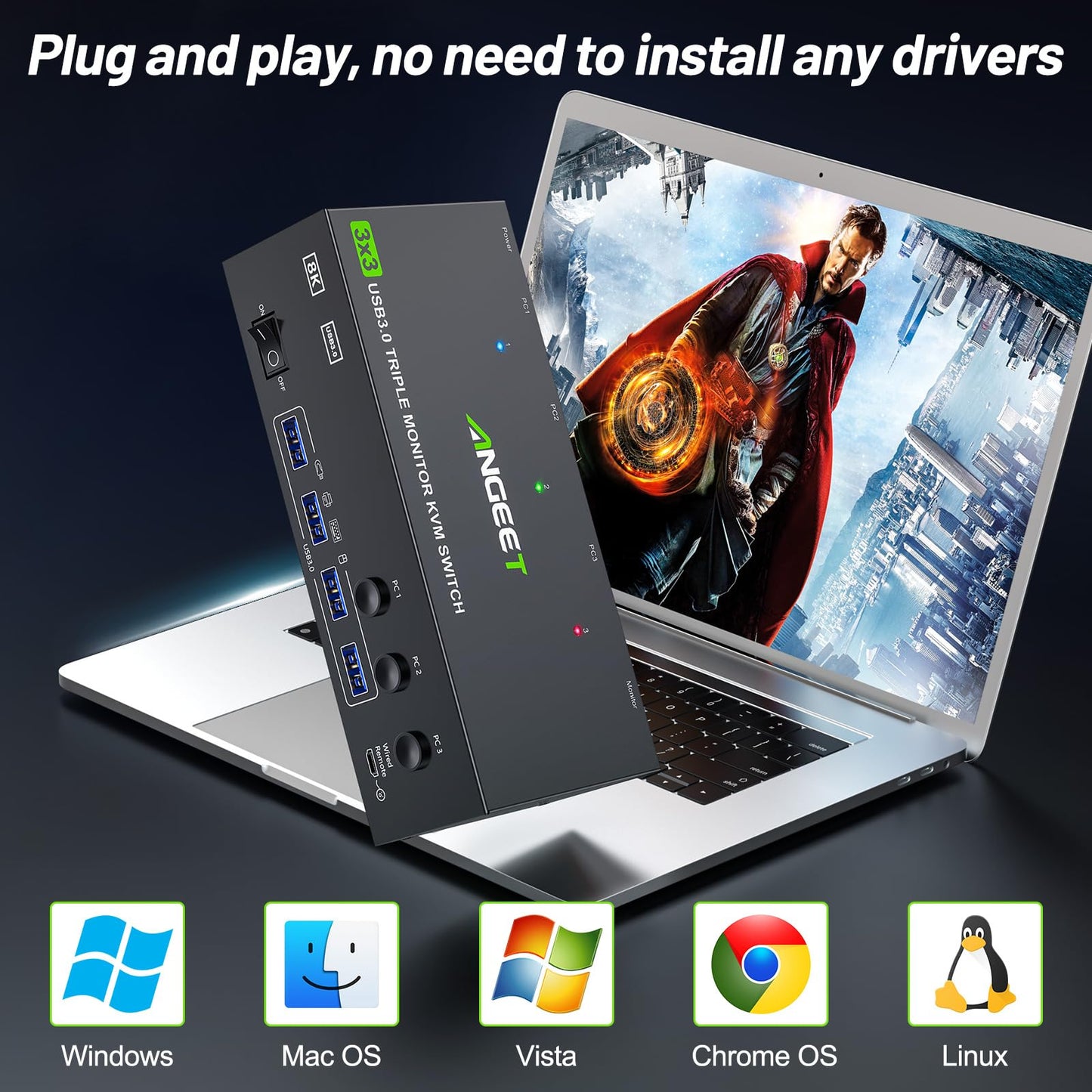 KVM Switch 3 Monitors 3 Computers 8K@60Hz 4K@144Hz, ANGEET HDMI and Displayport Triple Monitor KVM Switch, 3 Monitors KVM with 4 USB 3.0 Ports for USB Devices, Wired Remote and Power Adapter Included