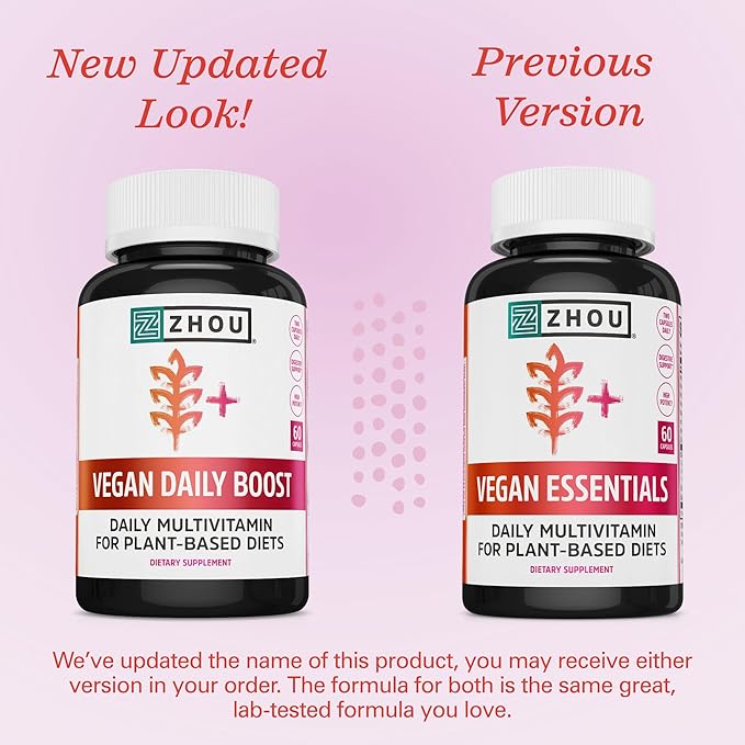 Zhou Vegan Essentials Multivitamin Supplement, B Vitamins, Energy, Vitamin C, Zinc, Immune System Function, Iodine Thyroid Support, Liposomal Iron, Plant-Based Diet Multivitamin, 60 Veg Caps