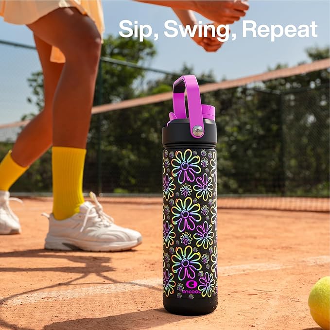 ENCOOL Insulated Water Bottle with Straw Stainless Steel Water Bottle, Glow in the Dark, Leak-Proof, BPA-Free, Keeps Cold for 24 Hours for Sports, Travel, School (26 oz, Flower)