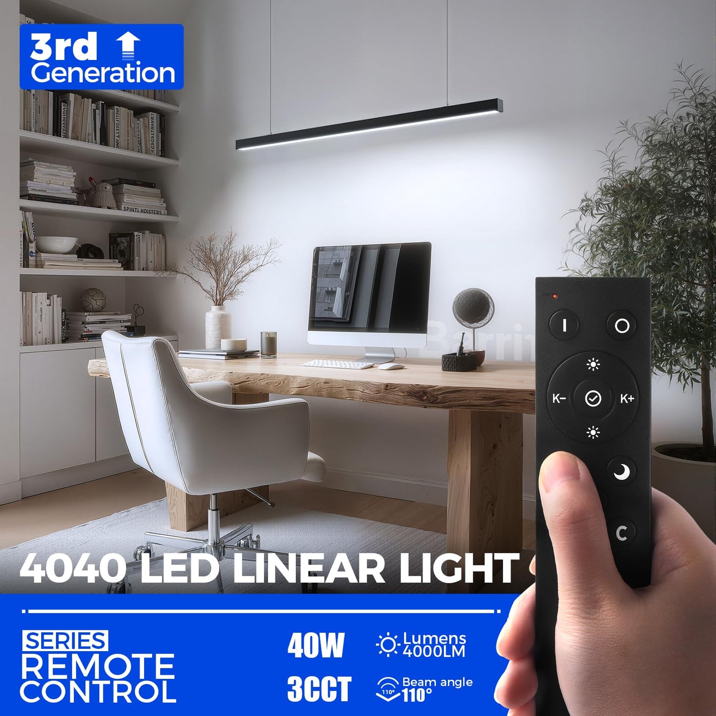 Barrina 4040 Remote Series LED Light Fixture, Dimmable, 4FT, 40W, 3000K-6000K, Aluminum, Black, 4 Packs