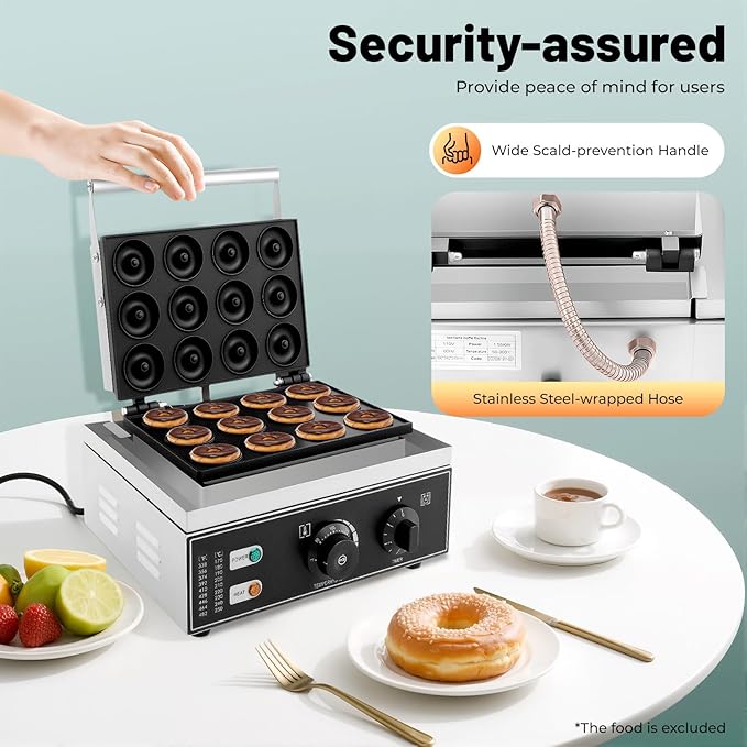 12 Grid Electric Donut Maker, 110V 1550W Non-Stick Doughnut Maker, Double-Sided Heating Mini Donut Maker Machine Temperature Time Adjustable for Commercial Home