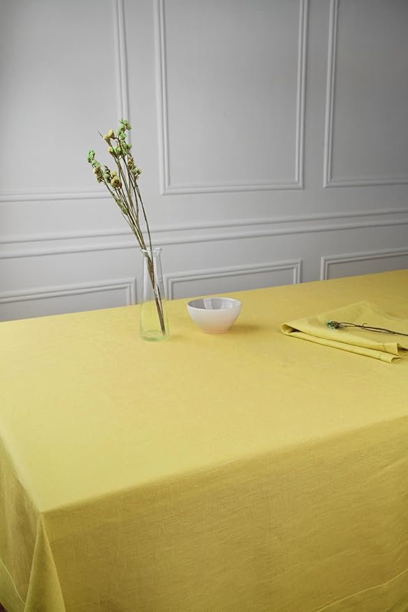 D'Moksha Homes Linen Tablecloth 60 x 144 Inch - 100% Pure Linen Lemon Yellow Tablecloth - Machine Washable Dining Tablecloth for Rectangle Tables