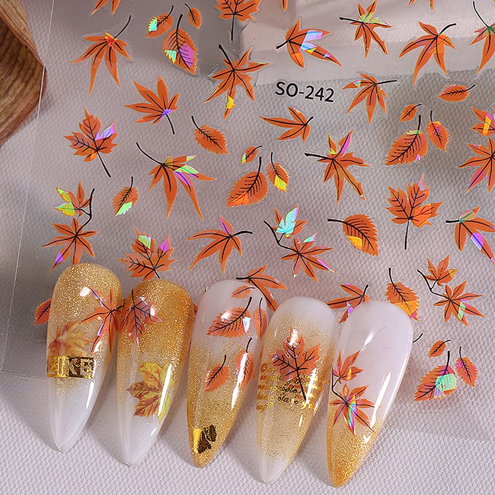 4-Sheet 3D Maple Leaves Nail Art Stickers - Fall Leaves & Maple Leaf Designs - Thanksgiving & Autumn Themed Nail Decals