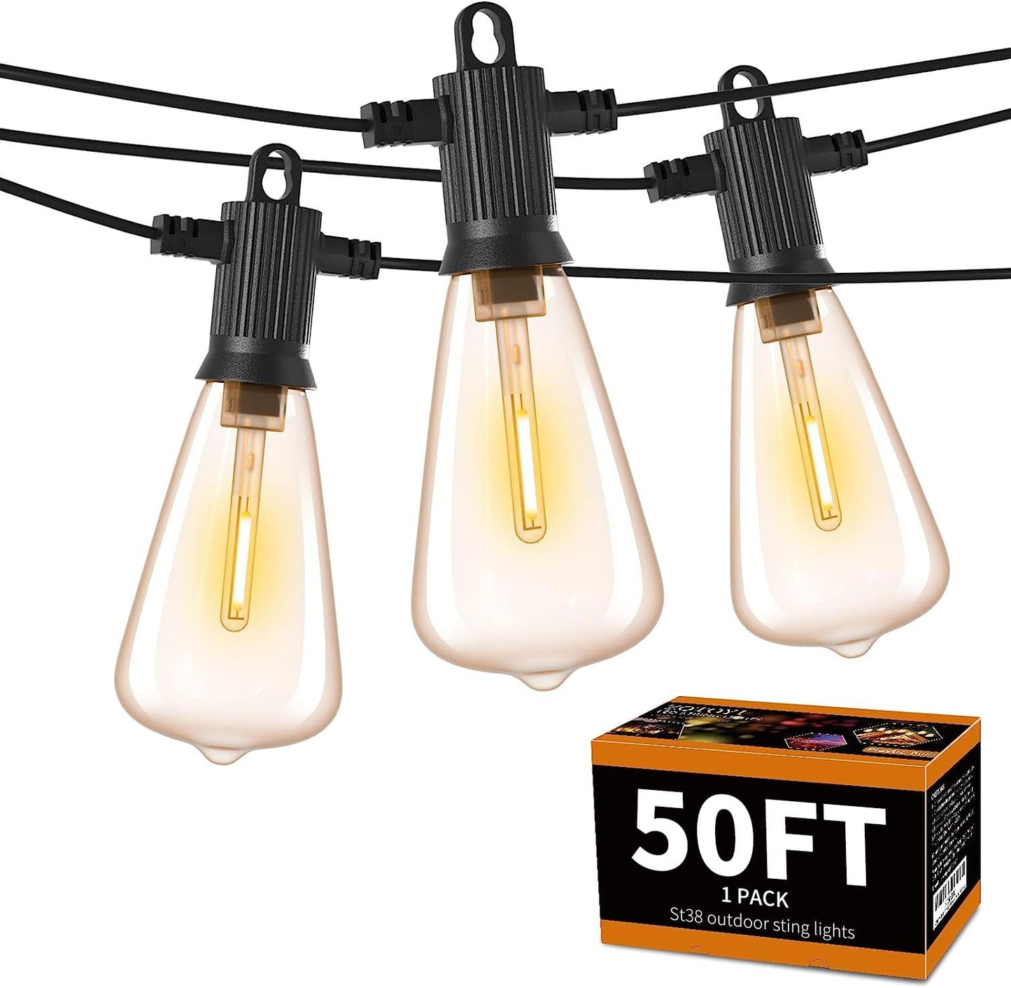 ZOTOYI String Lights Outdoor LED 50Ft with 25 Shatterproof Vintage Bulbs, Dimmable, Waterproof, Black