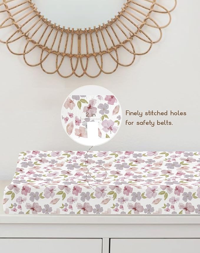 Changing Pad Cover for Baby Boy Girl 2 Pack, Muslin Changing Table Pad Covers with Boho Style, Neutral Nursery Bedding Essentials Soft and Breathable (Purple Petals & White)