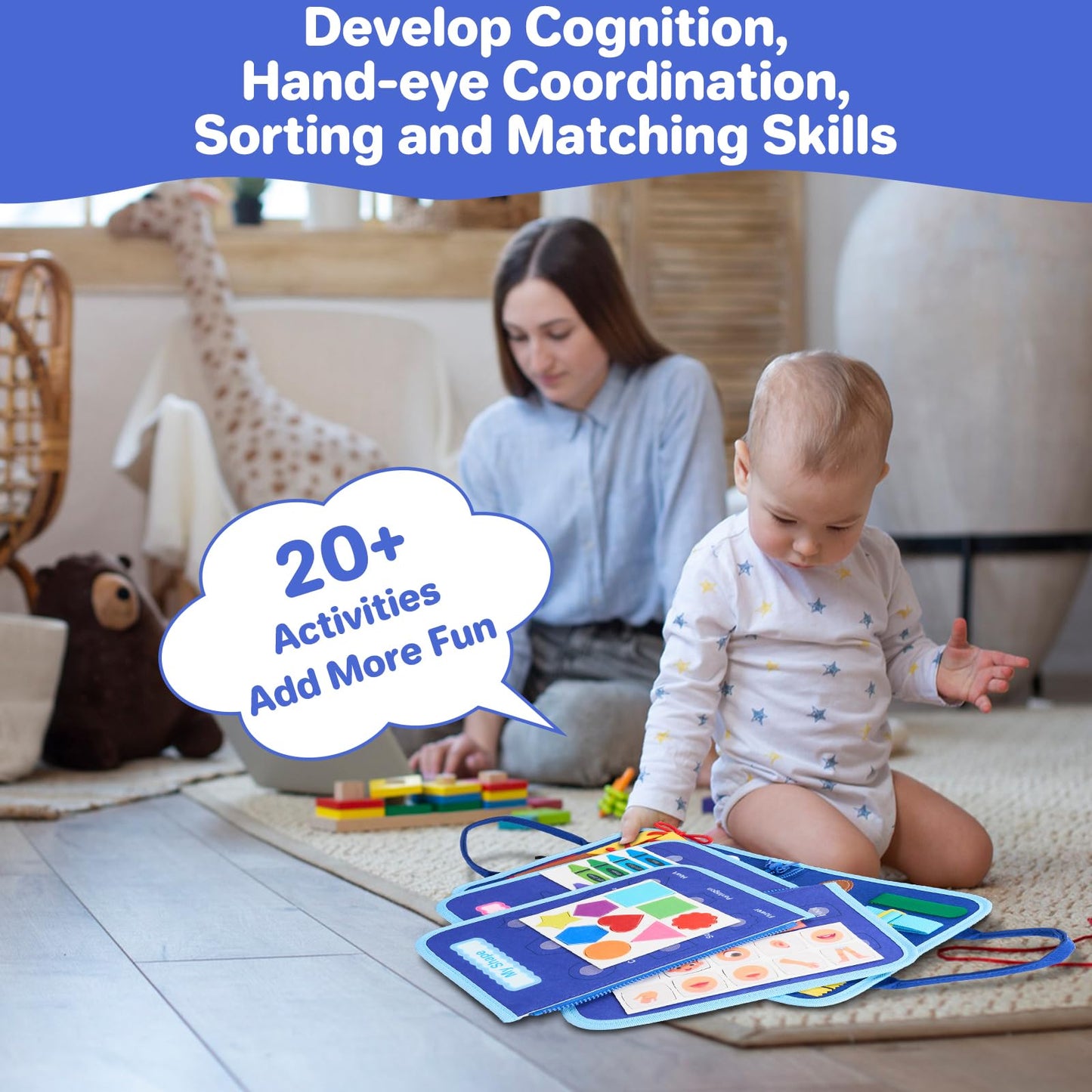 TOYSYM Toddler Busy Board Montessori Toys, Sensory Toys for 1 2 3 4 Year Old Boy, Busy Book Travel Educational Activities for Learning Fine Motor Skills Birthday Gifts (Blue Dinosaur/P10)