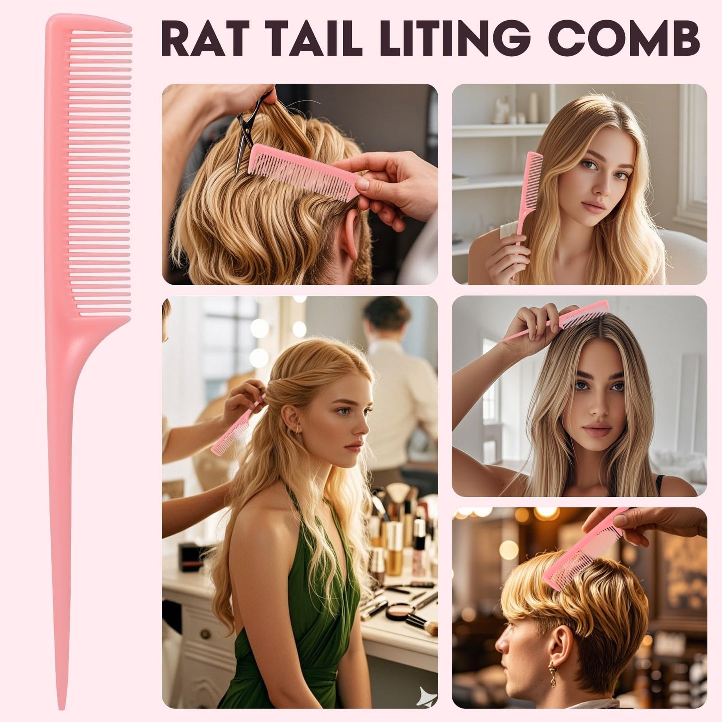 Rat Tail Comb Set-3Pcs Rat Tail Hair Teasing Fine Tooth Combs for Women Girls, Parting &Hair Styling Tools(Pink)